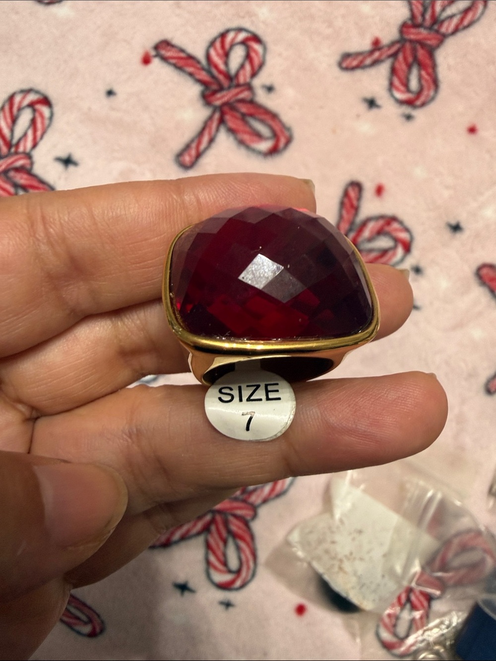 Gold-Tone Ring with Deep Red Faceted Stone - Size 7